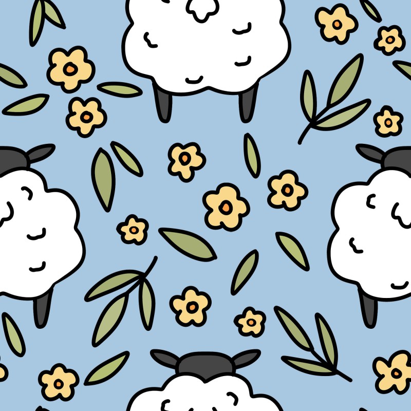 Owce i kwiaty na niebiesko
