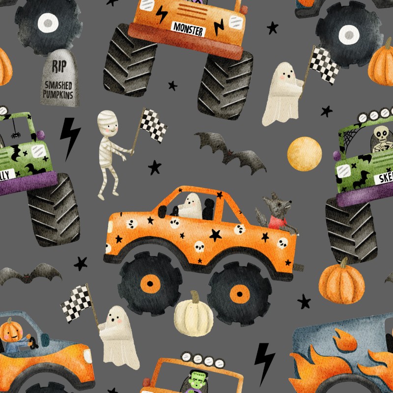 Monster Trucks Halloween auf Grau